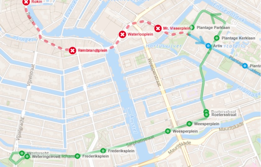 Omleidingsroute tram 14 ivm werkzaamheden Amstelstraat