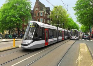 Een artist impression van de 15g tram, in R-net kleuren vanwege de inzet op de Amsteltram.